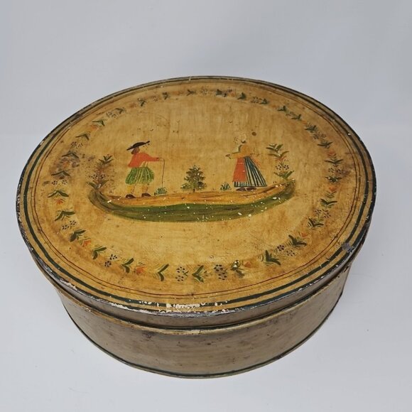 Antique Folk Art Primitive Handpainted Large Round Metal Lidded Tin Box Quimper - Picture 1 of 7